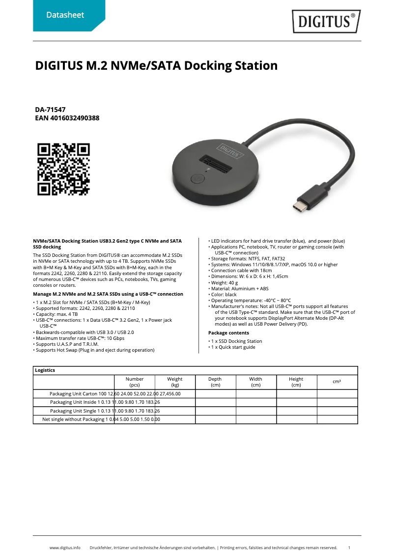 Page 1 de la notice Fiche technique Digitus DA-71547