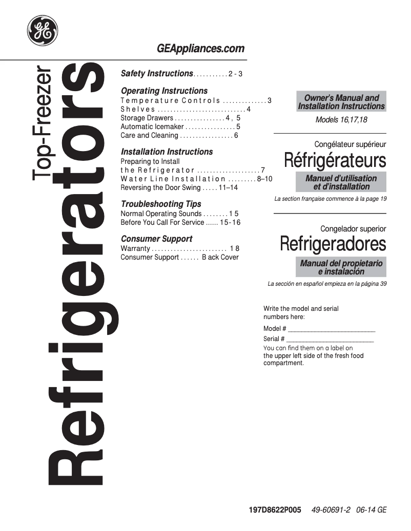 Page 1 de la notice Guide d'installation GE GTH18GBDCC