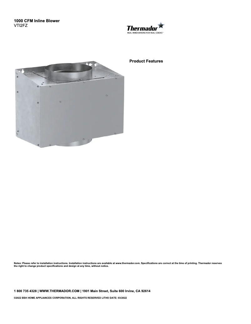 Page 1 de la notice Fiche technique Thermador VTI2FZ