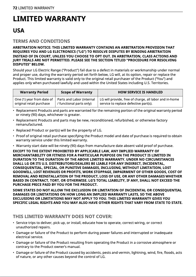 Page 1 de la notice Informations de garantie LG LTEL7337D