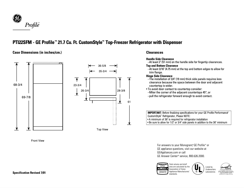 Página 1 del manual Ficha técnica GE Profile CustomStyle PTI22SFMLBS