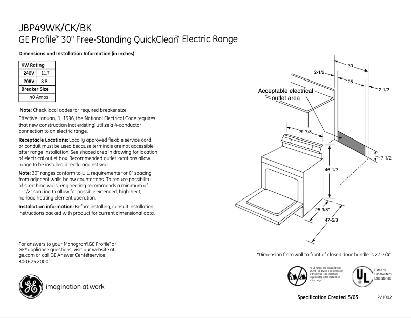 Page 1 de la notice Fiche technique GE Profile JBP49CKCC