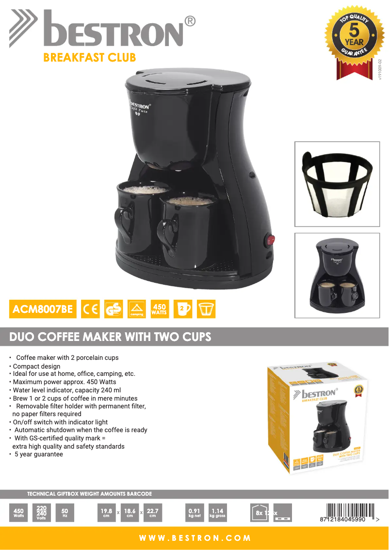 Page 1 de la notice Fiche technique Bestron ACM8007BE