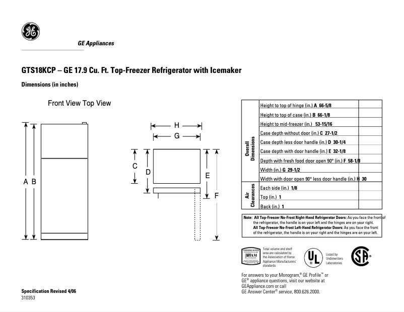 Página 1 del manual Ficha técnica GE GTS18KCPWW