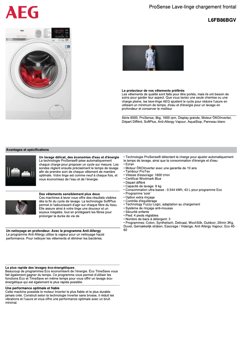 Página 1 del manual Ficha técnica AEG L6FB86BGV