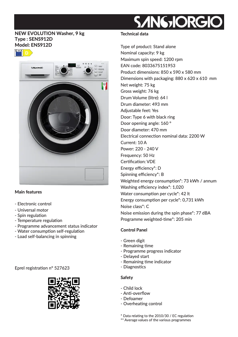 Página 1 del manual Ficha técnica SanGiorgio SENS912D