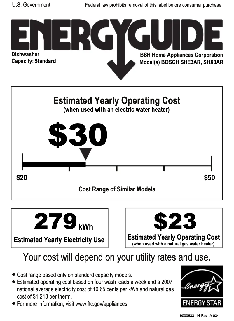 Page 1 of the manual Energy Label Bosch SHE3AR7