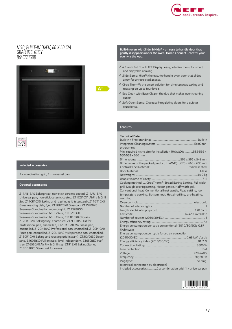 Página 1 del manual Ficha técnica Neff B64CS51G0B
