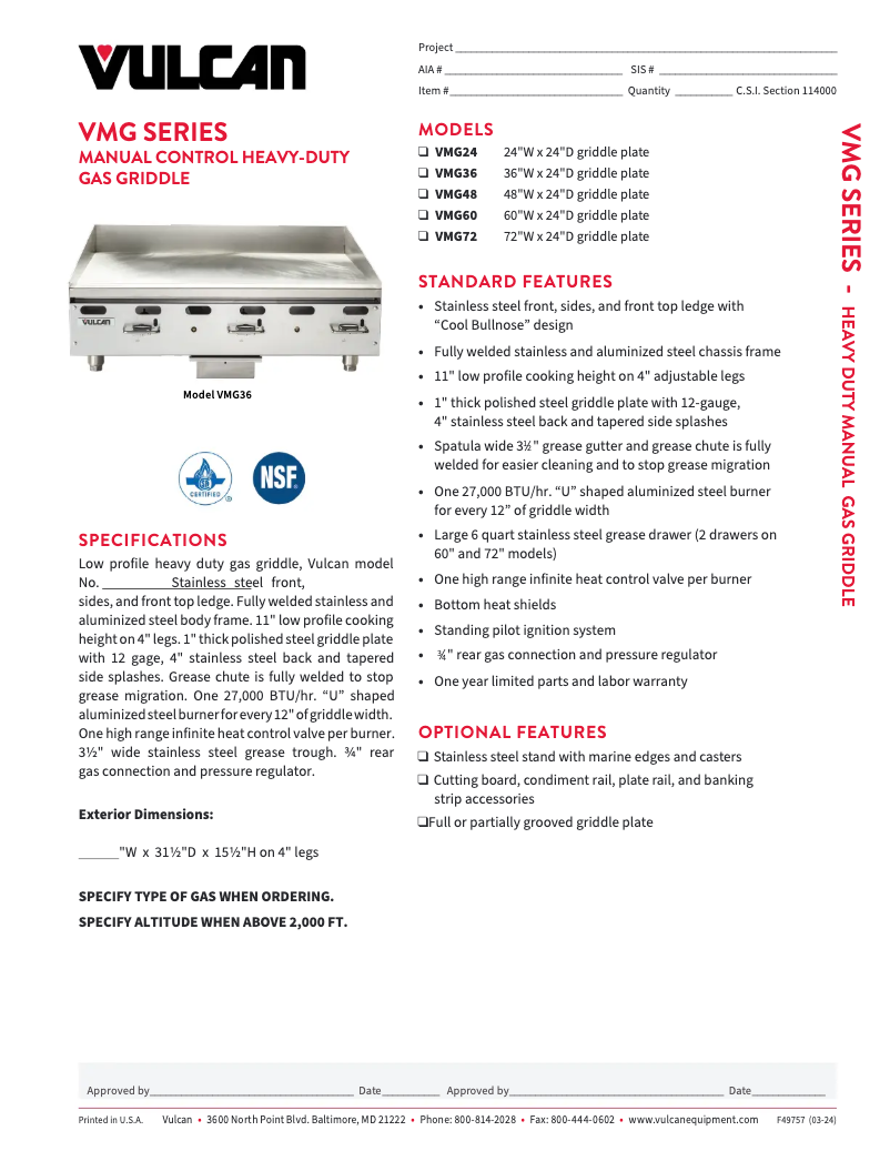 Page 1 de la notice Fiche technique Vulcan VMG24