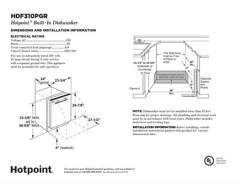 Página 1 del manual Ficha técnica Hotpoint HDF310PGRWW