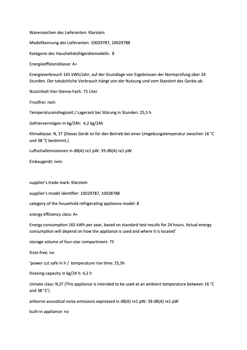 Página 1 del manual Ficha técnica Klarstein Garfield XL