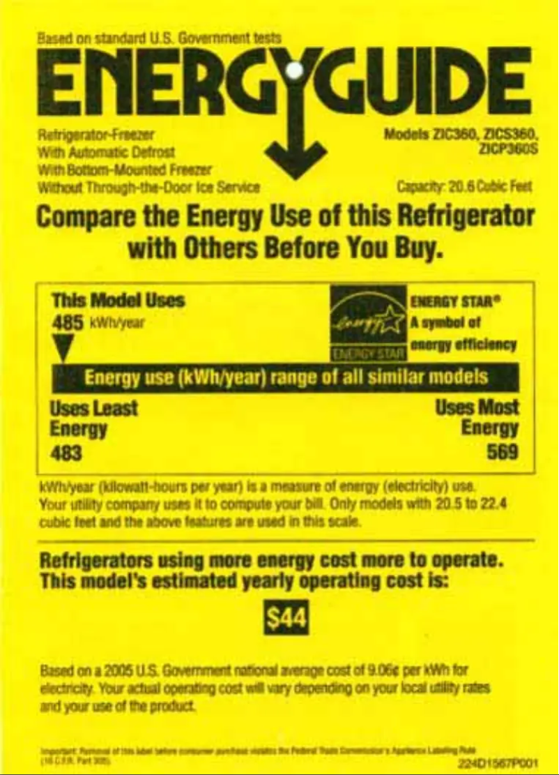 Page 1 of the manual Energy Label GE ZIC360NMLH