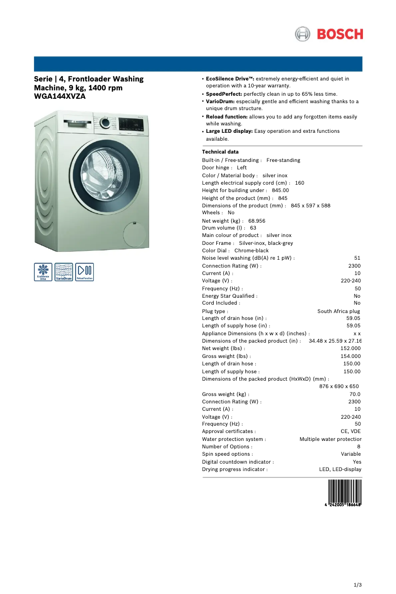 Page 1 of the manual Technical Sheet Bosch WGA144XVZA