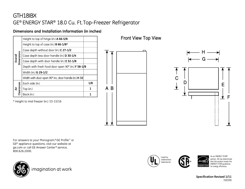 Page 1 of the manual Technical Sheet GE GTH18IBXBB