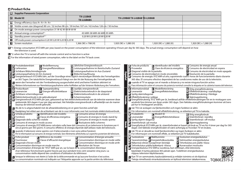 Page 1 de la notice Fiche technique Panasonic Viera TX-L50B6B