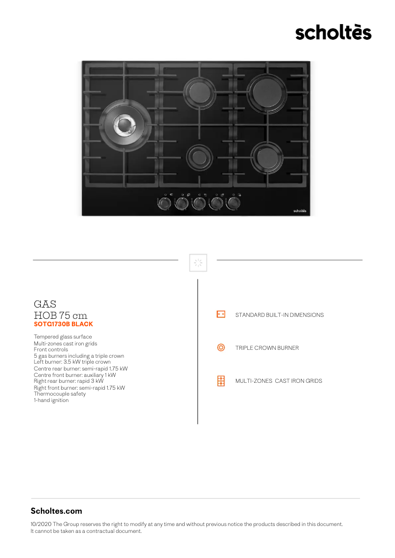 Page 1 de la notice Fiche technique Scholtès SOTG1730B