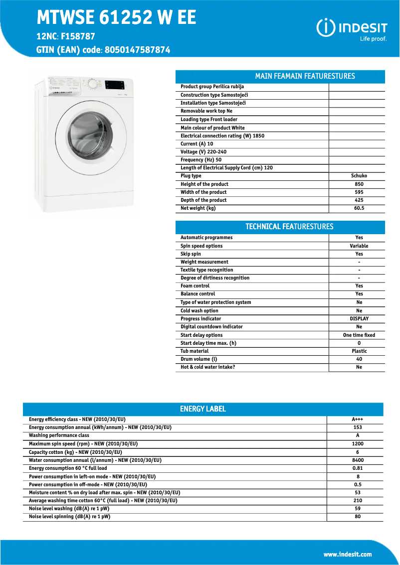 Page n°1 - Fiche technique Indesit MTWSE 61252 W EE