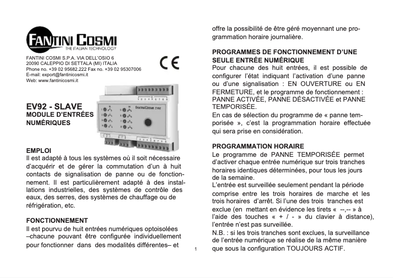 Page 1 de la notice Manuel utilisateur Fantini Cosmi EV92