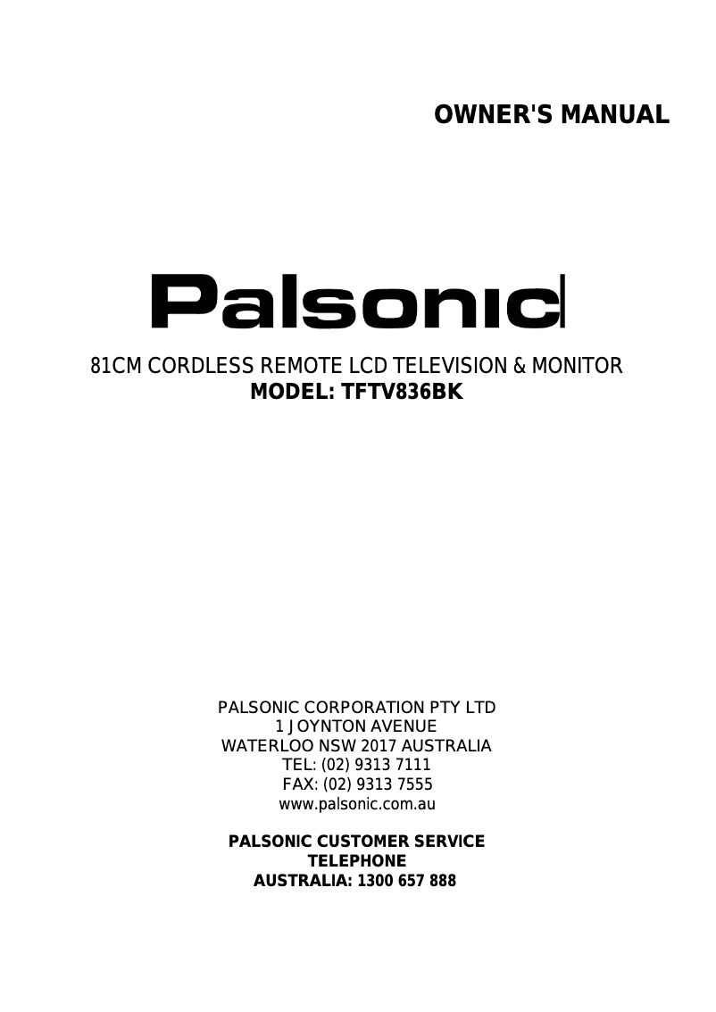 Page 1 de la notice Manuel utilisateur Palsonic TFTV836BK