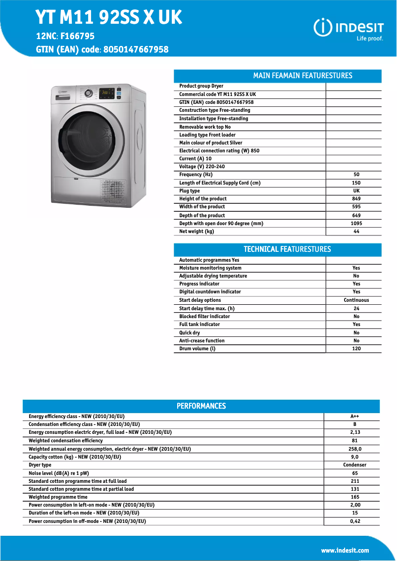 Page n°1 - Fiche technique Indesit YT M11 92SS X UK