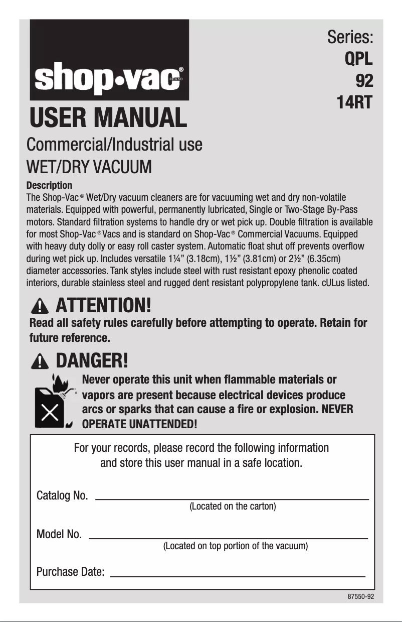 Page 1 de la notice Manuel utilisateur Shop-Vac 9625910