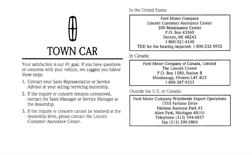 Page 1 de la notice Manuel utilisateur Lincoln Town Car (1997)