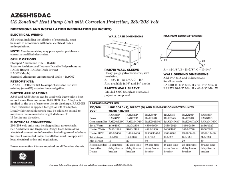 Página 1 del manual Ficha técnica GE AZ65H15DAC