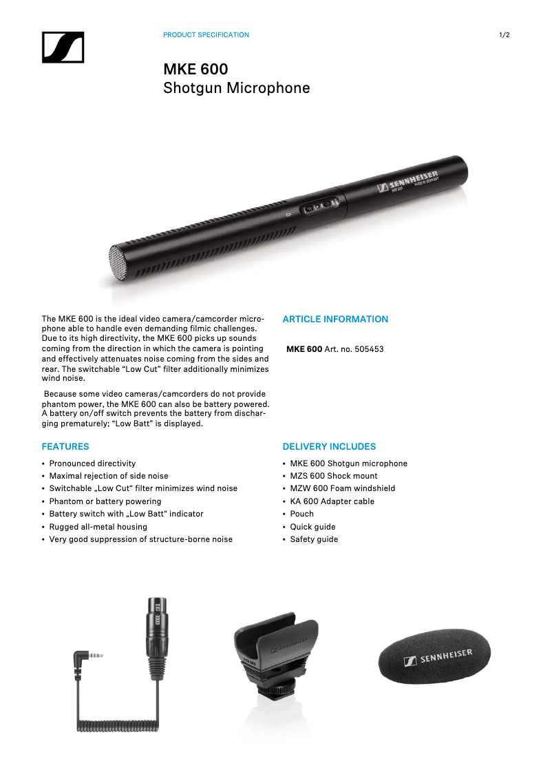 Page 1 de la notice Fiche technique Sennheiser MKE 600