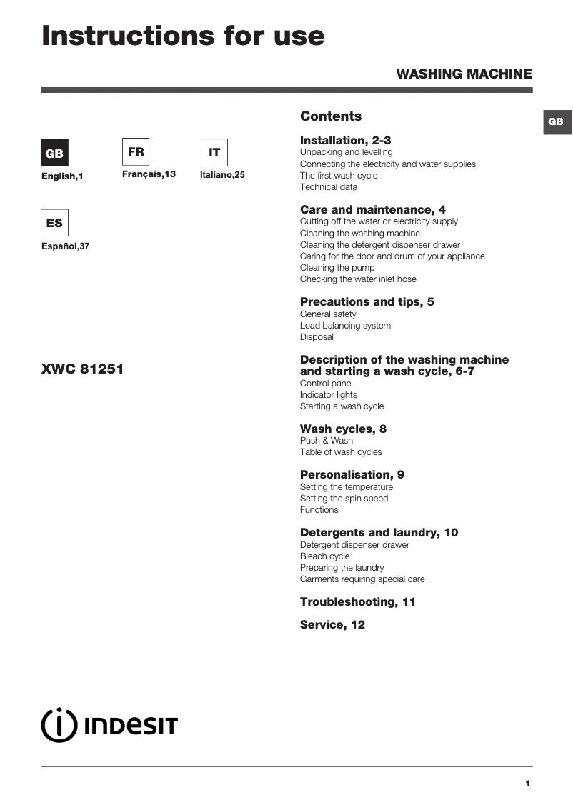 Page n°1 - Manuel utilisateur Indesit XWC 81251X W EU