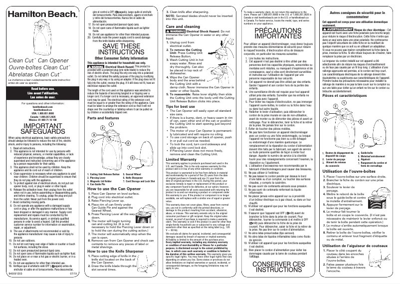 Page 1 de la notice Manuel d'utilisation et d'entretien Hamilton Beach Clean Cut 76380Z