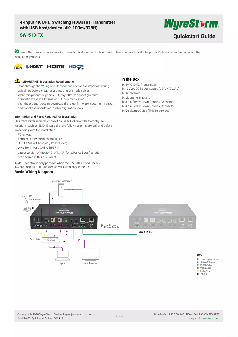 Page 1 de la notice Guide de démarrage rapide WyreStorm SW-510-TX