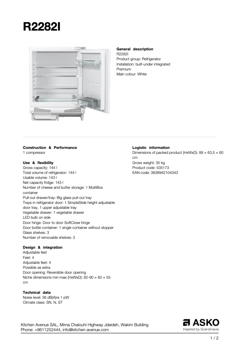 Page 1 of the manual Technical Sheet Asko R2282I