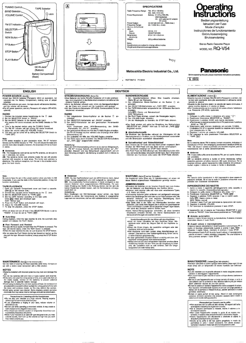 Page 1 de la notice Manuel utilisateur Panasonic RQ-V54