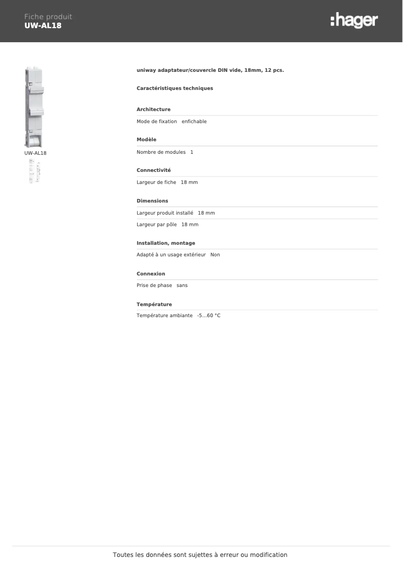 Page 1 de la notice Manuel utilisateur Hager UW-AL18