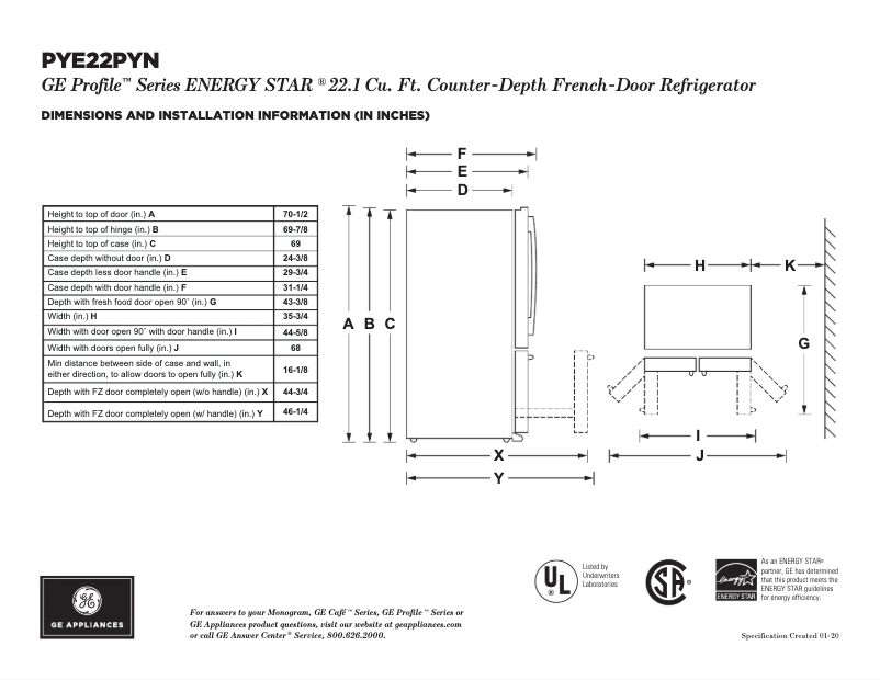 Page 1 de la notice Fiche technique GE Profile PYE22PYNFS