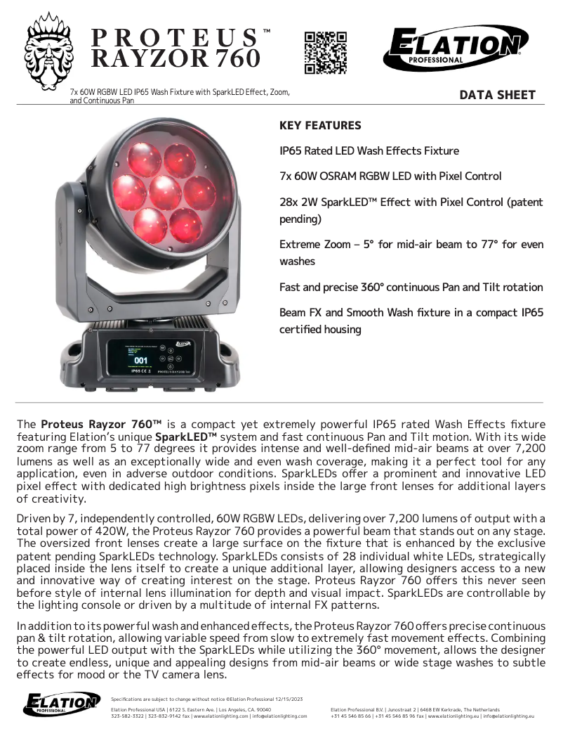 Page 1 de la notice Fiche technique Elation Proteus Rayzor 760 WMG
