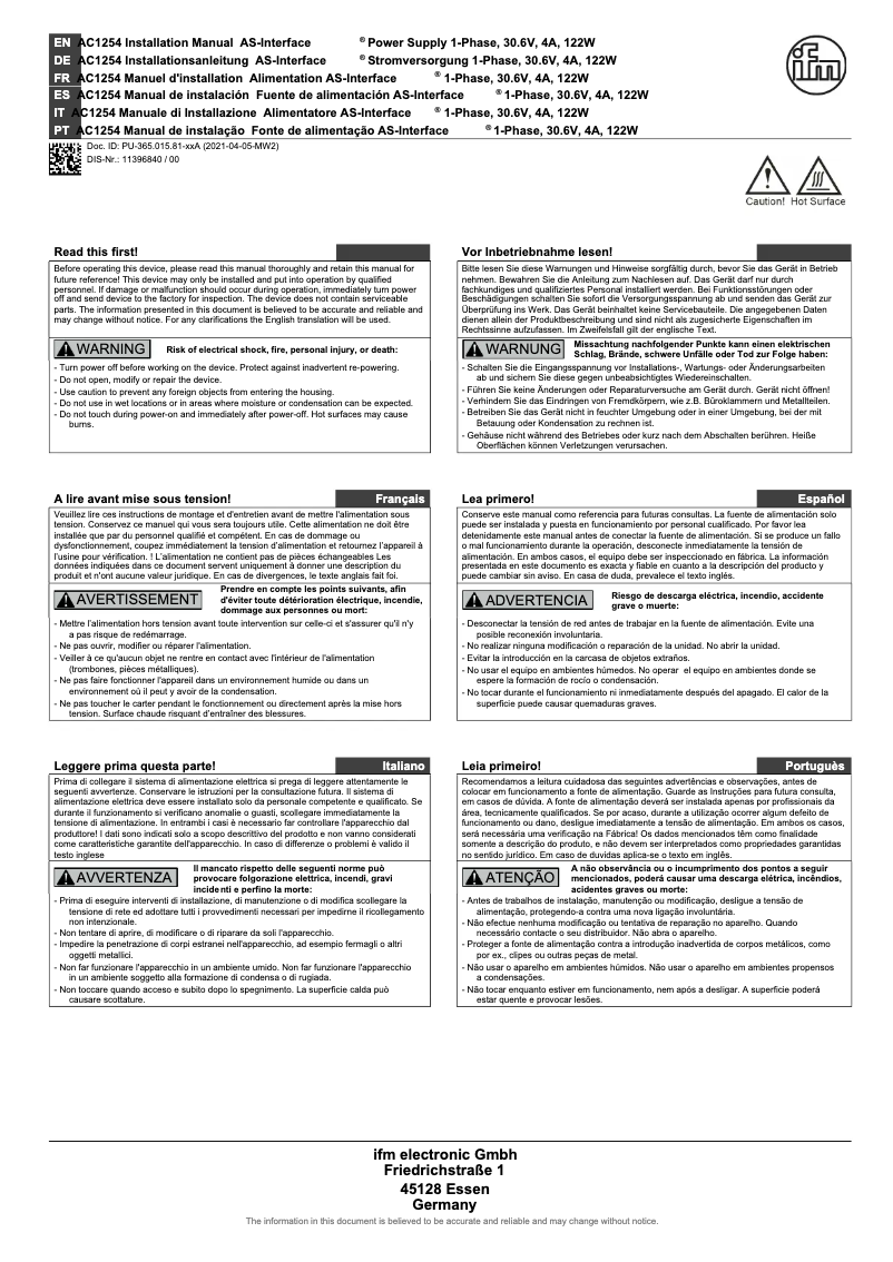 Page 1 de la notice Manuel utilisateur IFM AC1254