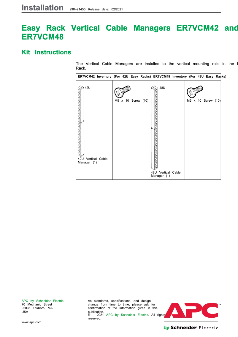 Page 1 de la notice Manuel utilisateur APC ER7VCM42