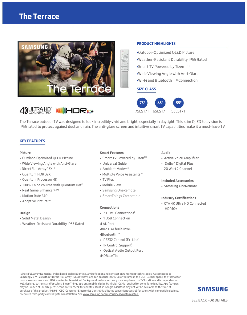 Page 1 de la notice Fiche technique Samsung QN55LST7TAFXZA