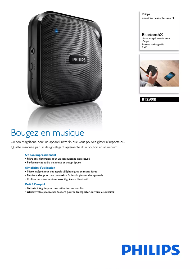 Page 1 de la notice Fiche technique Philips BT2500B