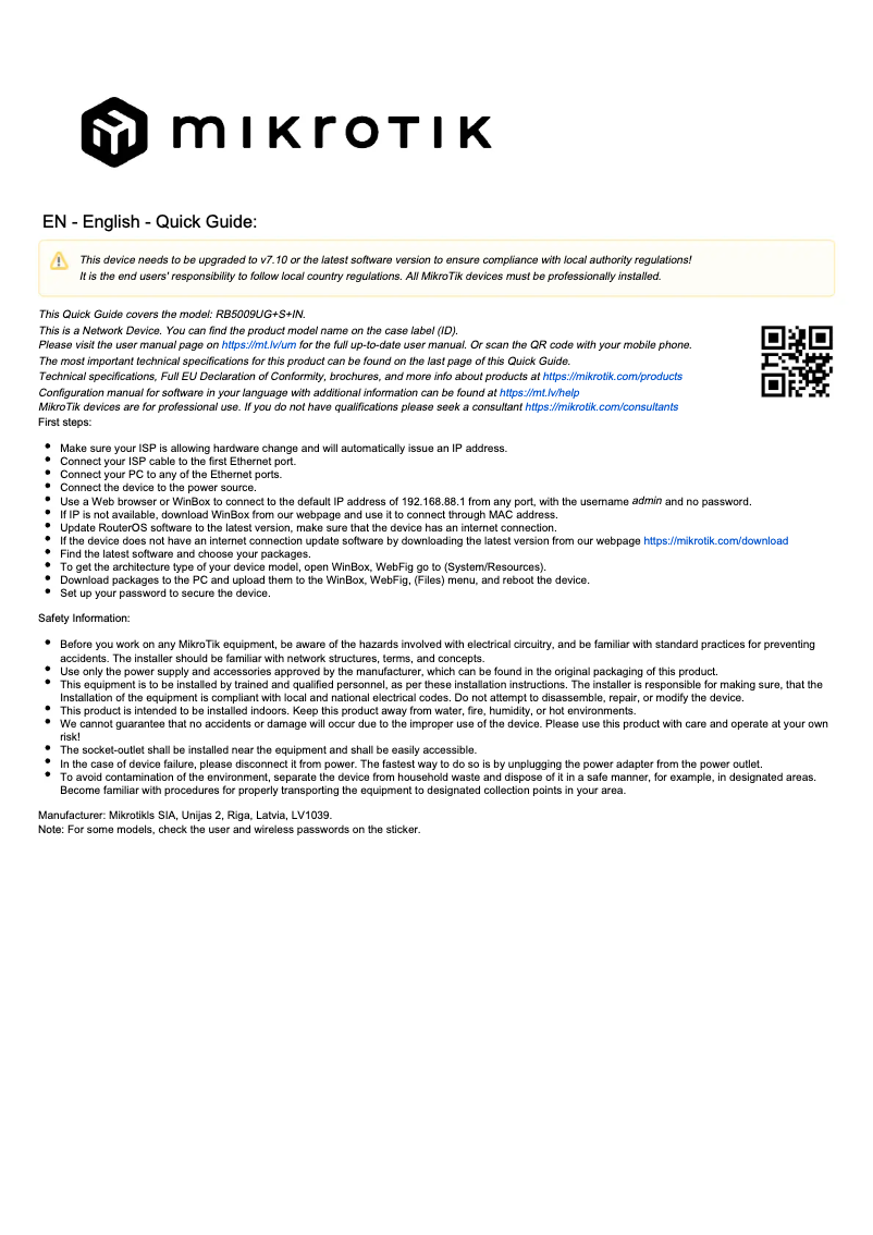 Page 1 de la notice Manuel utilisateur Mikrotik RB5009UG+S+IN