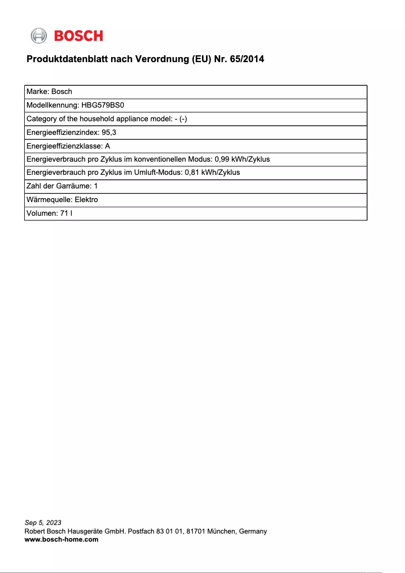 Page 1 de la notice Fiche technique Bosch HBG579BS0