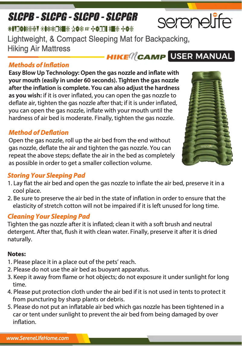 Page 1 de la notice Manuel utilisateur SereneLife SLCPGR