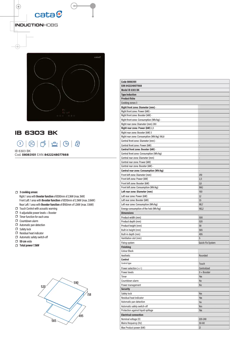 Page 1 de la notice Fiche technique CATA IB 6303 BK