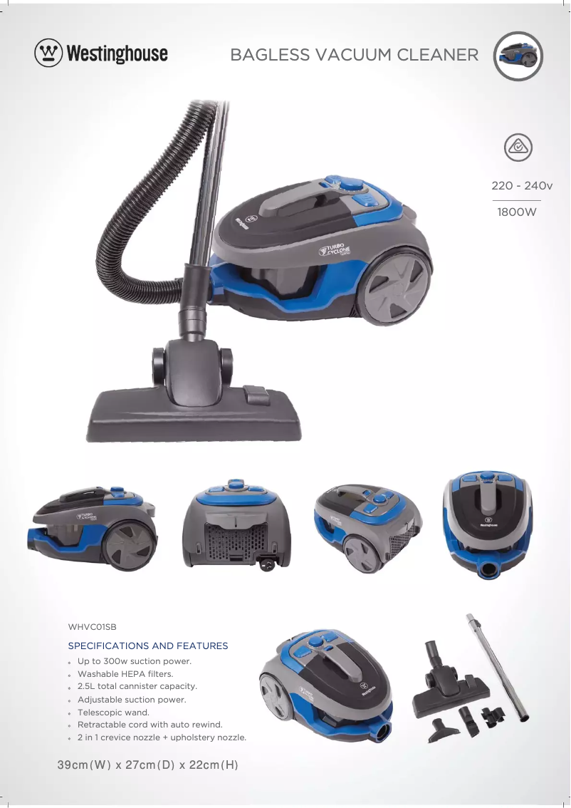 Página 1 del manual Ficha técnica Westinghouse WHVC01SB