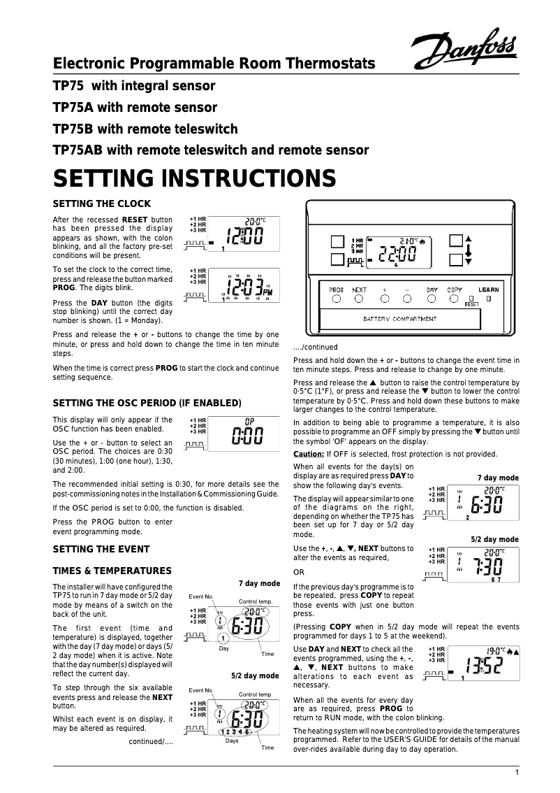 Page 1 de la notice Manuel utilisateur Danfoss TP75