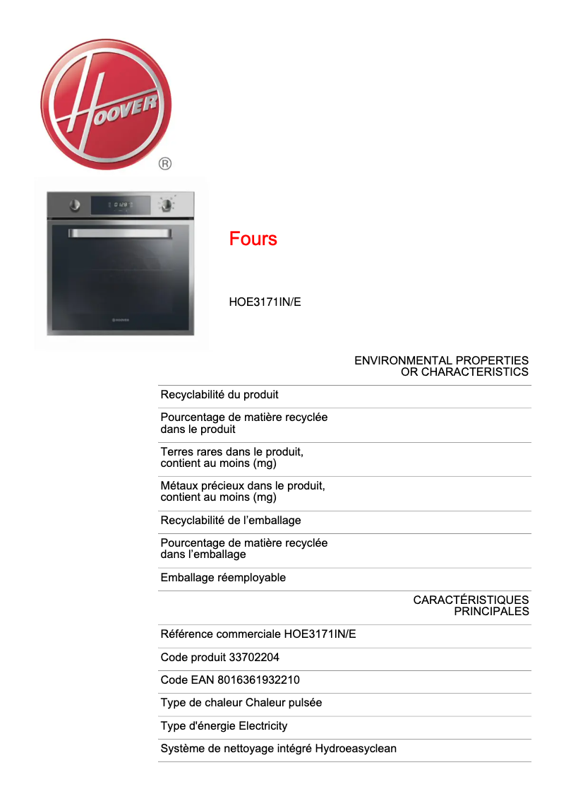 Page 1 de la notice Fiche technique Hoover HOE3171IN/E