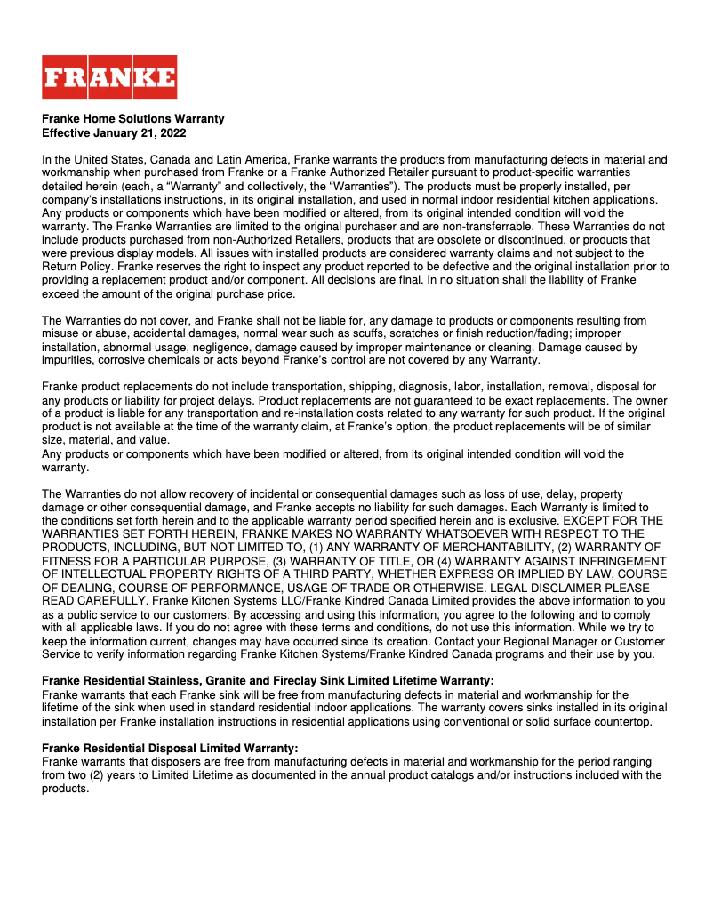 Page 1 de la notice Informations de garantie Franke Cube CUX120