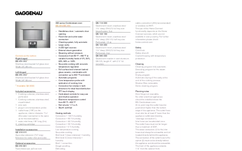 Page 1 de la notice Fiche technique Gaggenau BS475611