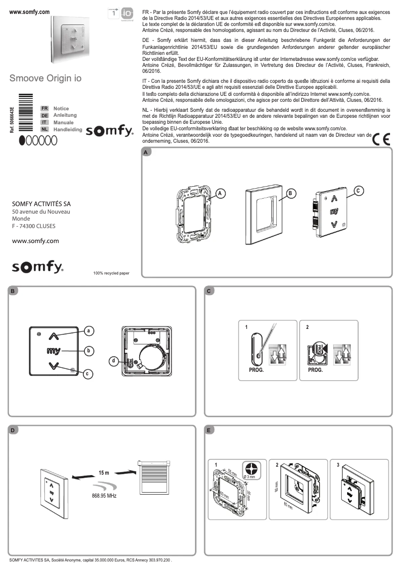 Page 1 de la notice Manuel utilisateur Somfy Smoove Origin io